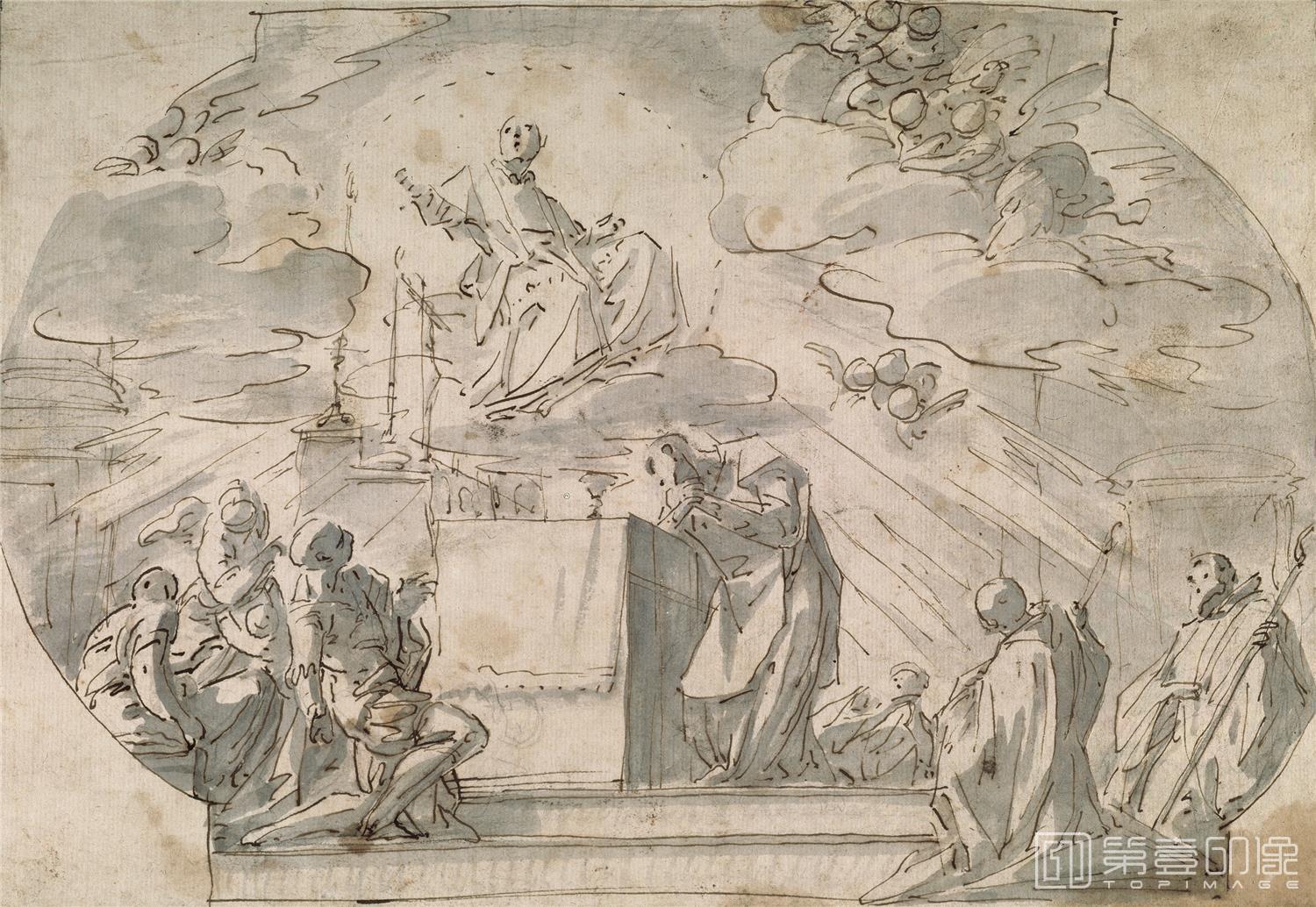素描-西班牙普拉多美术馆素描藏画-Gonzalez Velazquez, Luis-Aparicion de San Francisco de Sales a San Claudio Croeix-1080
